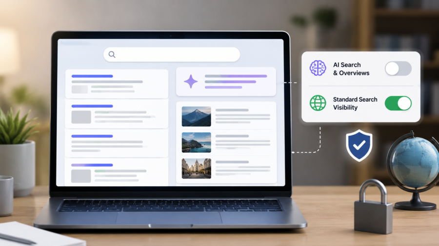 A clean website control panel concept with search cards, AI cards and a simple visibility toggle