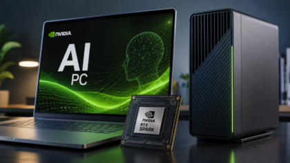 A clean AI research lab scene with servers, laptops and abstract data visuals