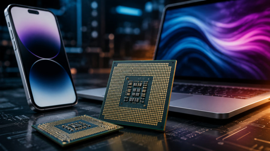 A clean modern AI PC concept with a laptop, compact workstation and generic chip modules