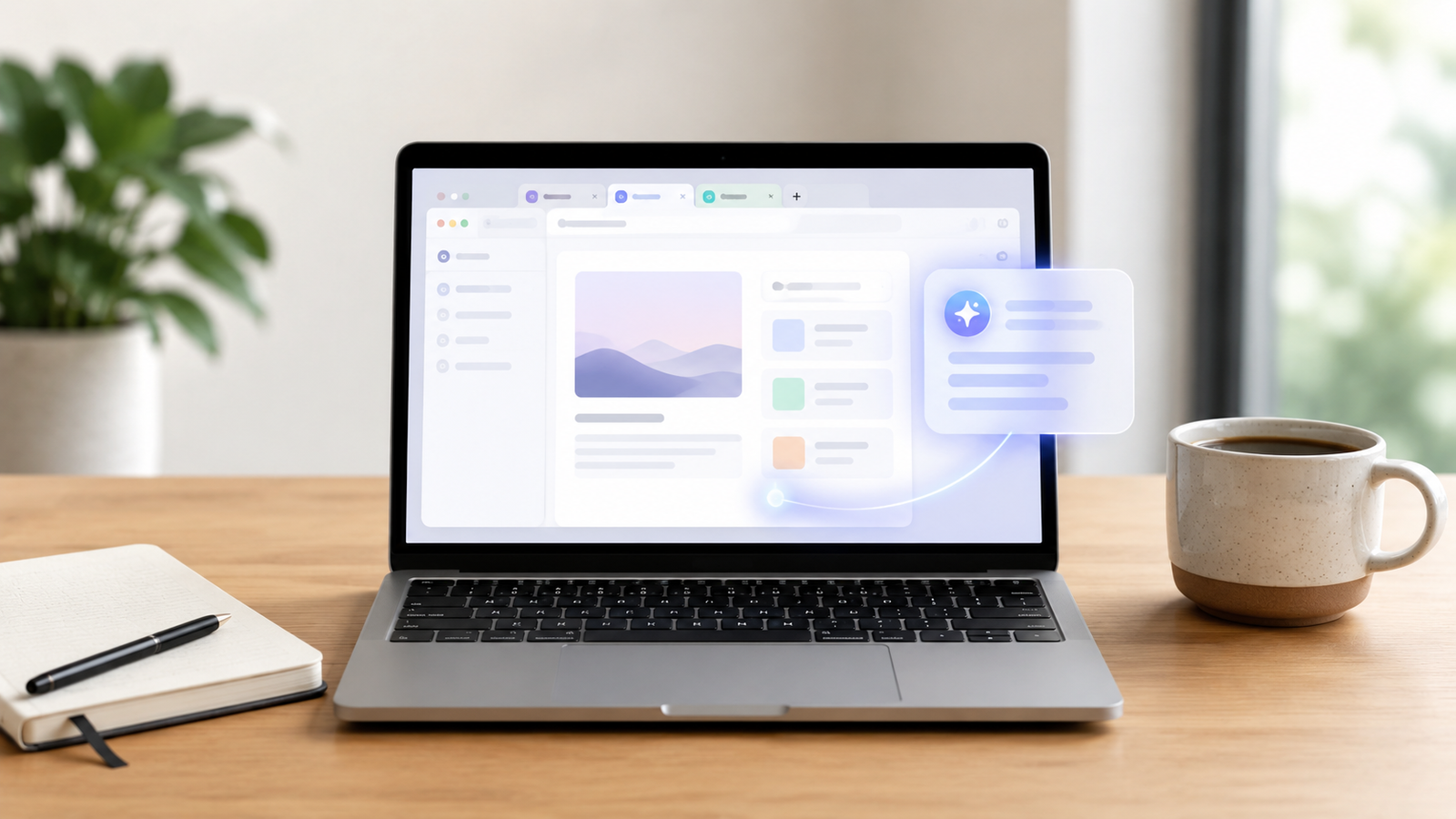 Clean laptop browser workspace with organized tabs and AI assistant concept.
