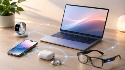 Modern consumer tech desk with AI phone, laptop and smart glasses concept.