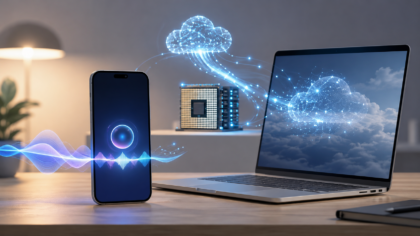 A clean smartphone and laptop setup with soft voice waves, cloud AI connection and generic chip icon