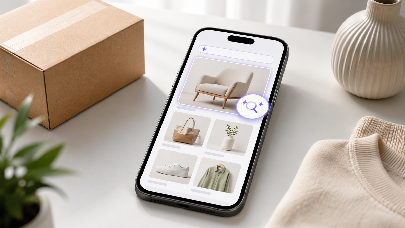 Smartphone shopping search concept with AI-generated product cards on a clean desk.