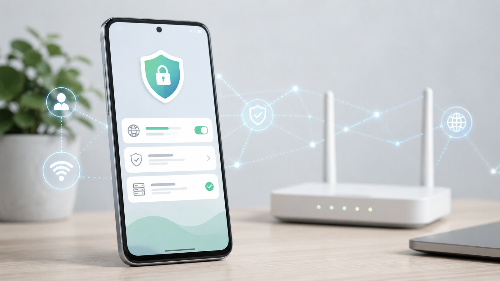 Android phone showing private DNS settings and secure network connection concept.