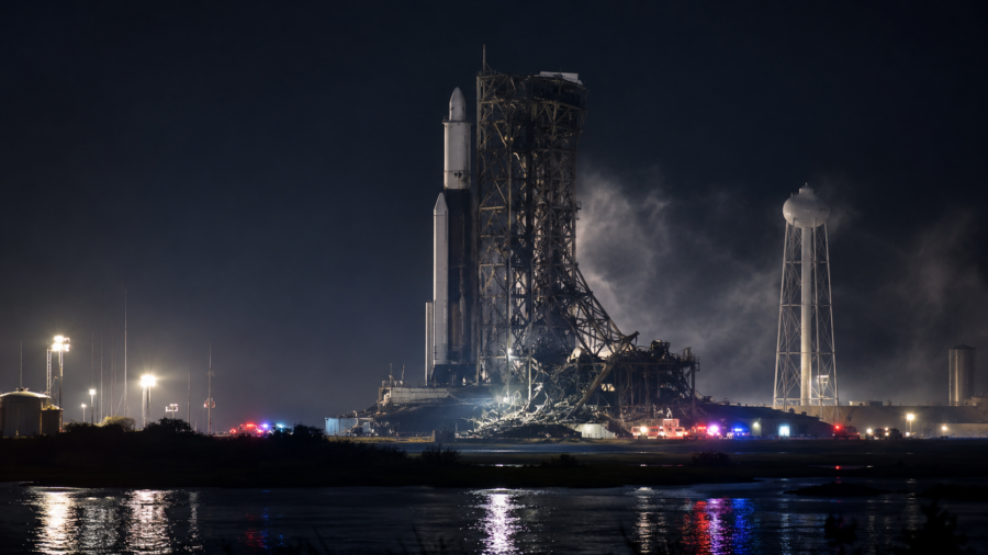 Damaged rocket launch pad concept showing a heavy launch setback.