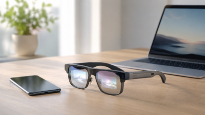 Minimal AR glasses beside a smartphone and laptop on a clean desk.