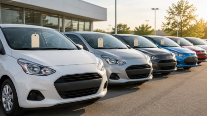 Affordable compact cars on a dealership lot with a price tag concept.