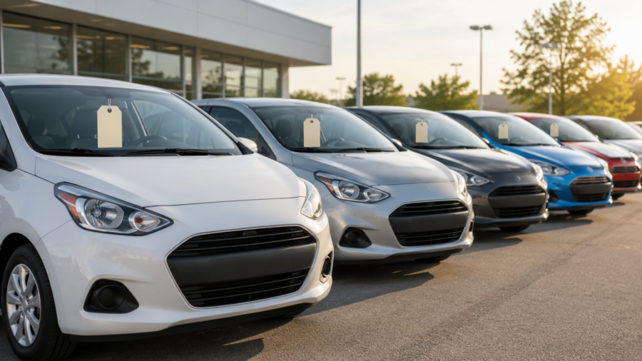 Affordable compact cars on a dealership lot with a price tag concept.