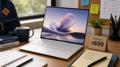 Affordable premium laptop on a student desk with clean technology setup.