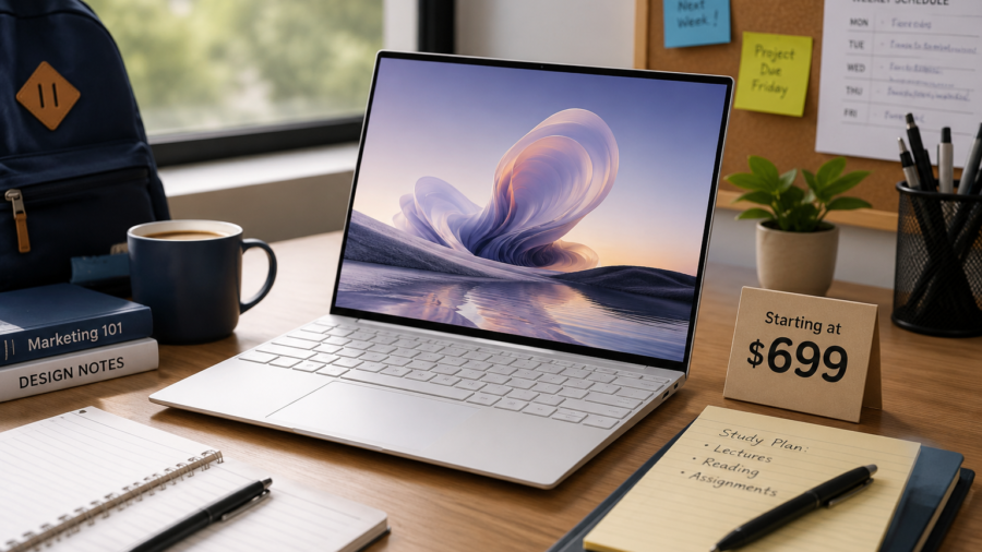 Affordable premium laptop on a student desk with clean technology setup.