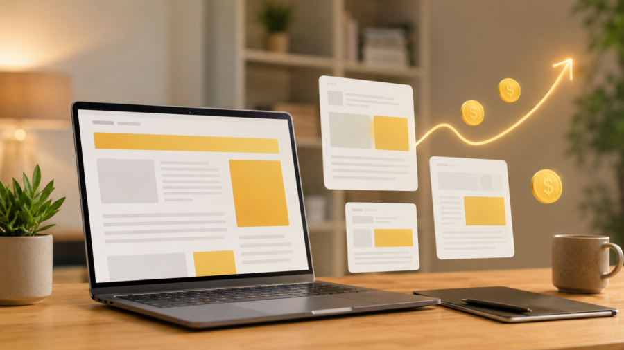 A clean publisher workspace with a laptop, website analytics cards and ad revenue visuals