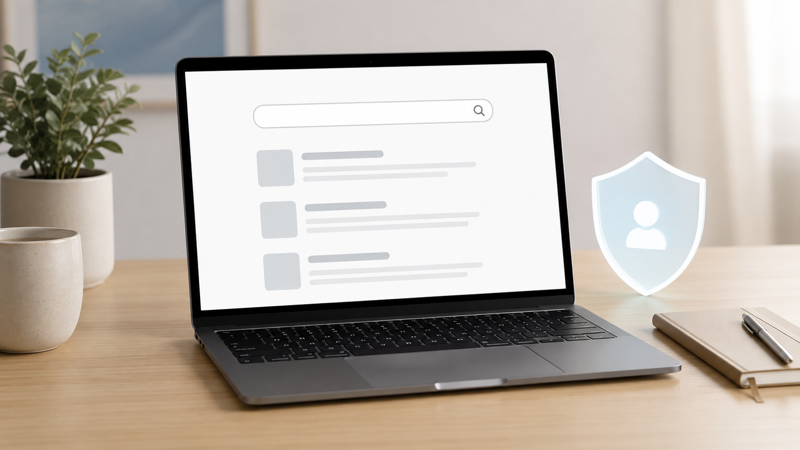 Minimal laptop search screen with privacy-focused simple search concept.