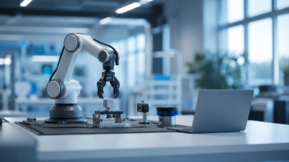 A simple robotics lab scene with a small robot arm, sensors and a laptop