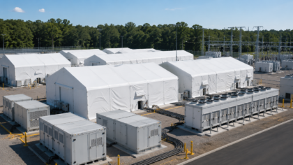 A clean temporary AI data center concept with modular server units, fabric structures and power lines