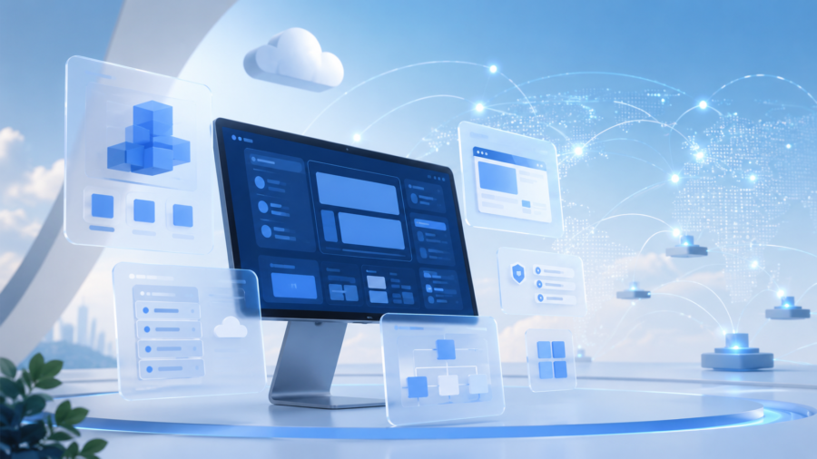 A clean developer workspace with code blocks, web app cards and edge network connection visuals