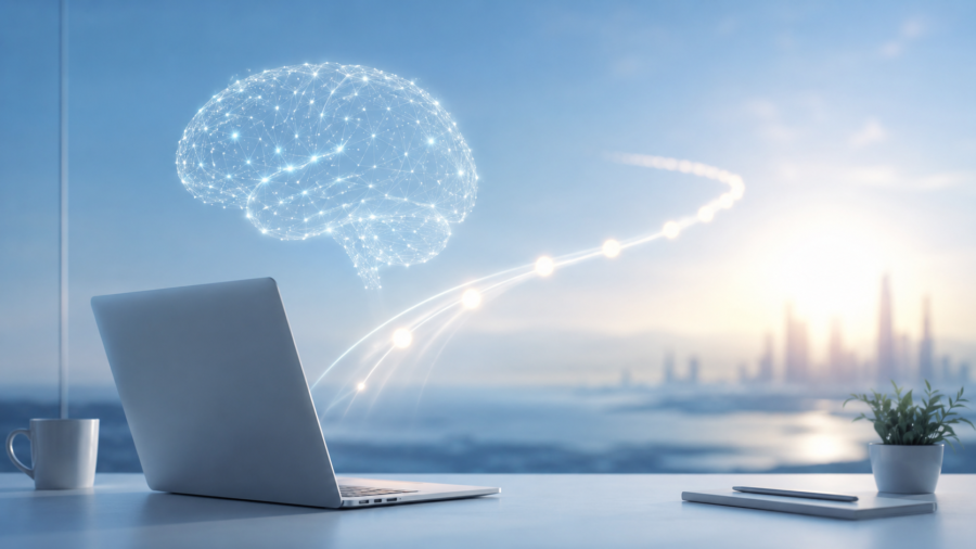 A clean futuristic workspace with a laptop, abstract AI brain shape and soft timeline light path