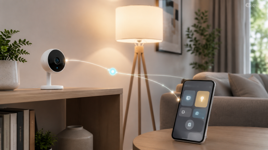 Smart home speaker and mobile controls showing faster AI-powered home automation.