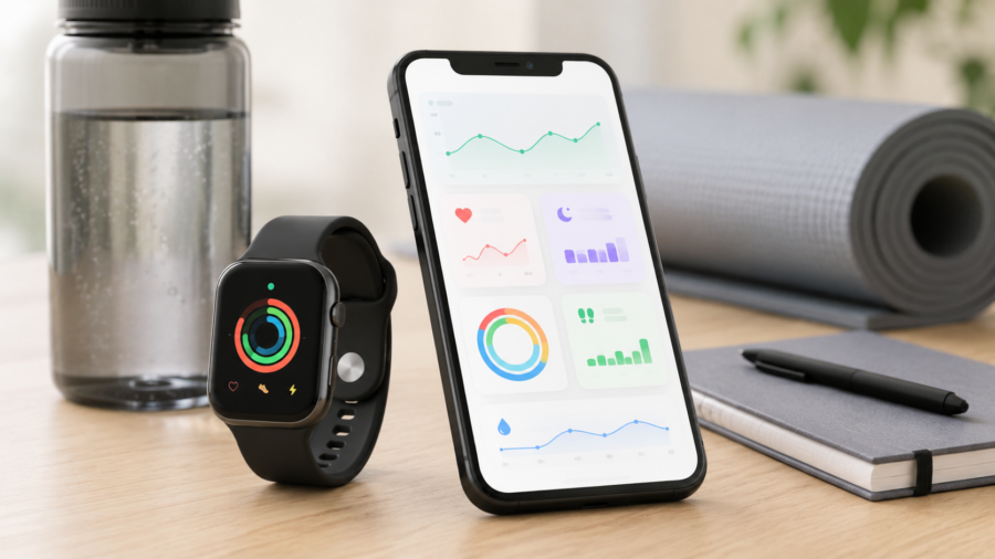 Smartwatch and fitness app dashboard on a clean workout table.