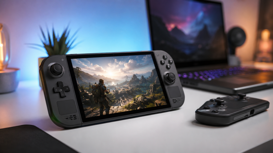Portable gaming handheld on a clean desk with soft gaming lights.