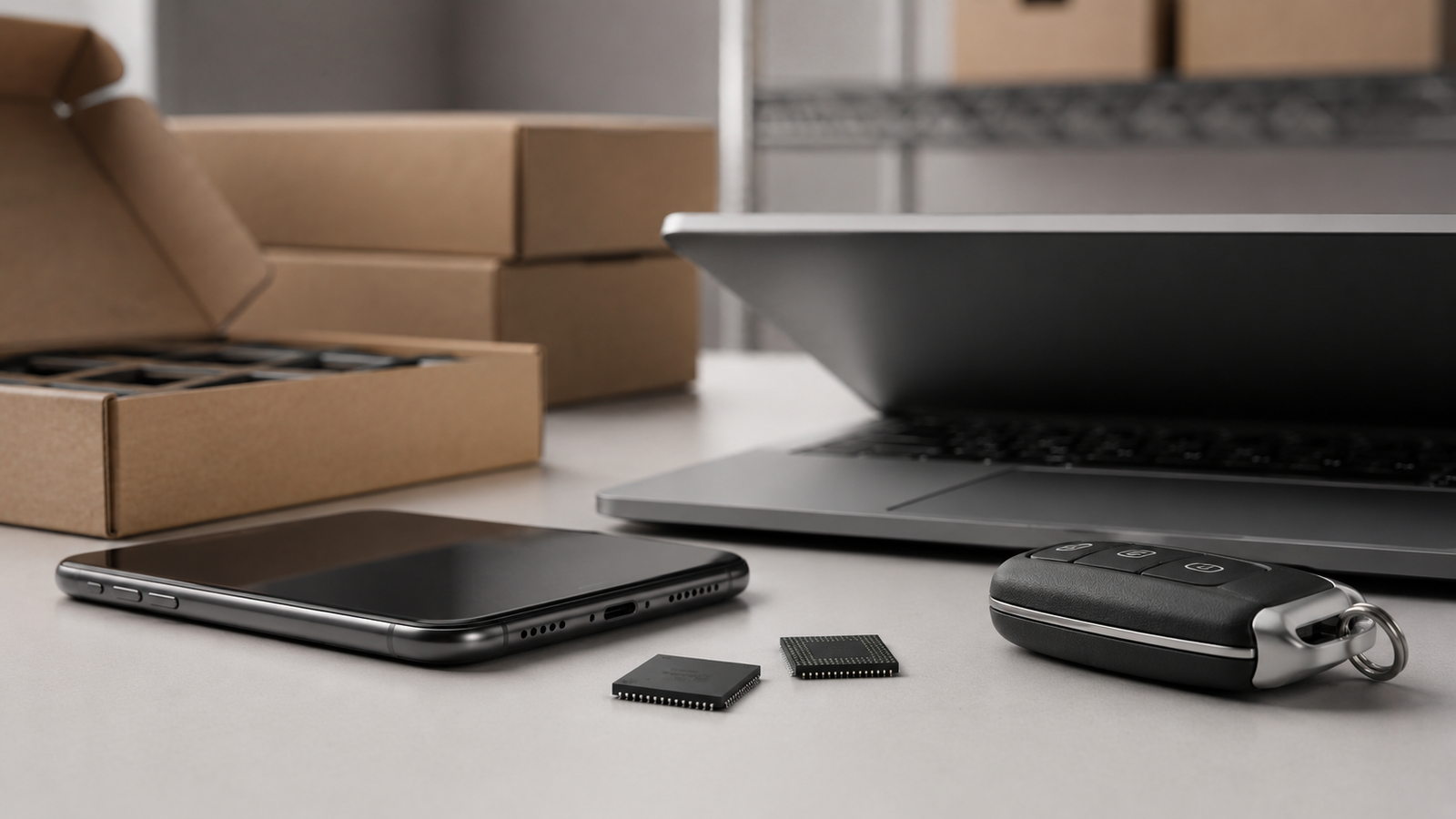 Memory chip and everyday devices showing rising electronics cost pressure.