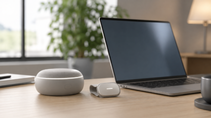 A clean laptop on a desk with a small generic AI chip and privacy-themed lighting