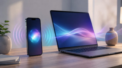 A clean smartphone and laptop setup with soft voice assistant waves
