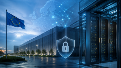 European AI data center concept with secure defense technology infrastructure.