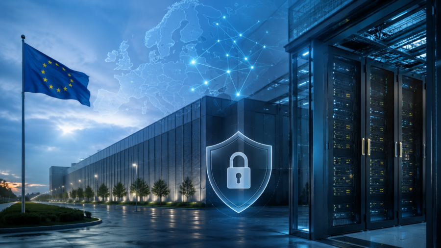 European AI data center concept with secure defense technology infrastructure.
