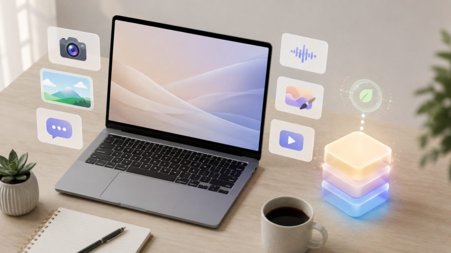 A clean modern workspace with generic AI app cards, a laptop and cost-saving visuals