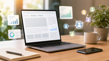 A clean publisher workspace with a laptop, analytics cards and referral connection visuals