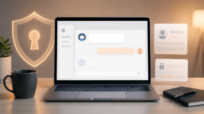 A clean laptop support screen with a chatbot icon, security shield and account recovery cards