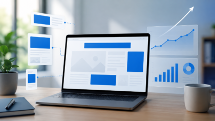 A clean publisher workspace with a laptop, website ad cards and CPM revenue visuals