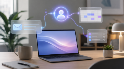 A clean office workspace with a laptop, calendar cards, email cards and AI assistant glow