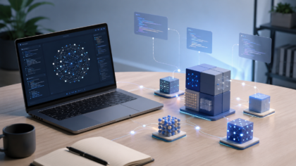 A clean developer workspace with a laptop, open code cards and abstract AI model blocks
