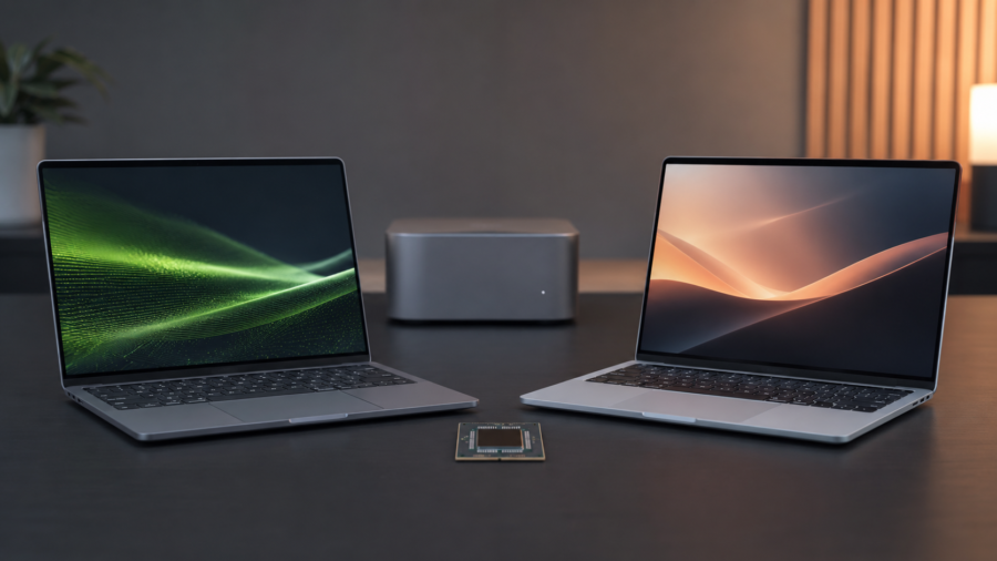 A clean desk with generic phones, laptops and chip modules connected by soft light