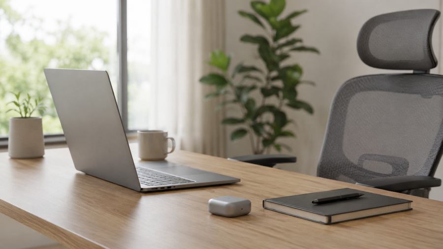 Minimal desk setup with laptop and small privacy-focused posture gadget.