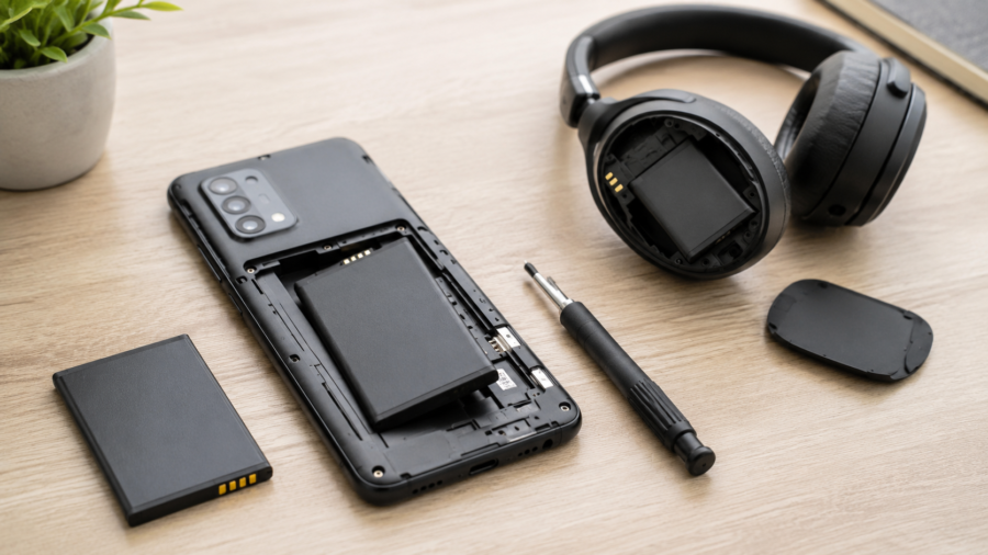 Consumer electronics repair scene showing replaceable batteries and modular devices.