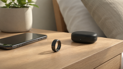 Minimal smart ring and smartphone on a clean bedside table.