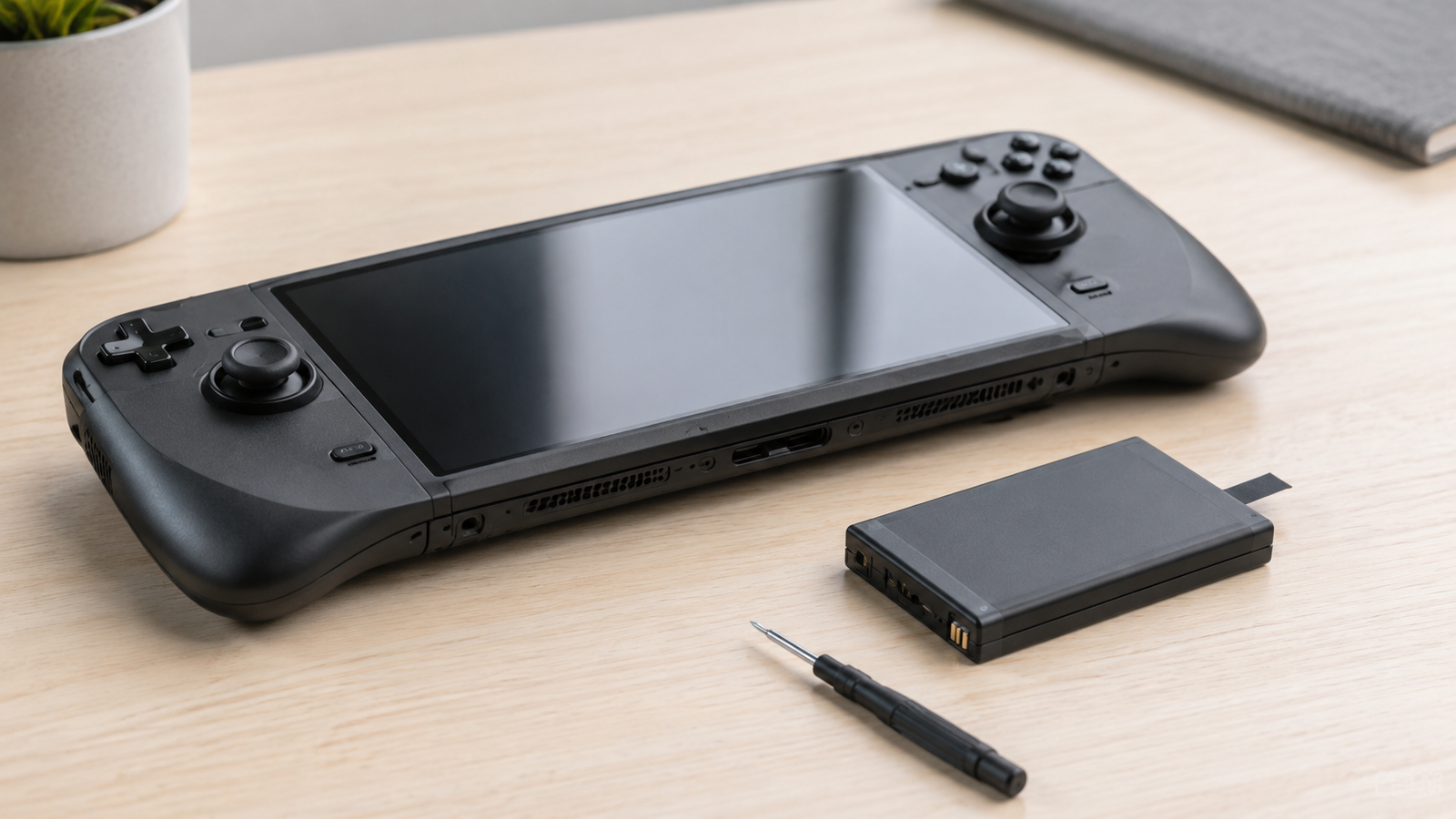 Portable gaming device with removable battery concept on a clean desk.