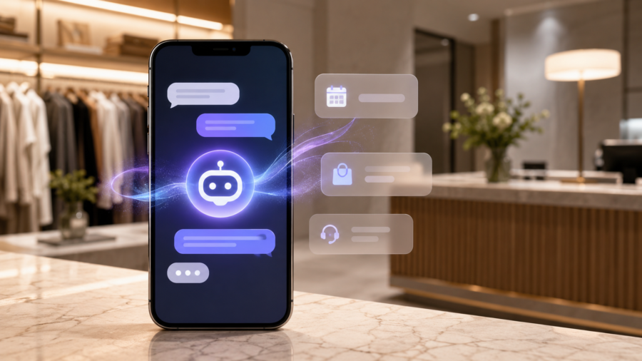 A clean smartphone messaging scene with soft AI assistant visuals and customer support cards