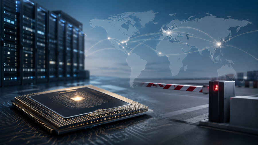 AI chip supply chain concept showing restricted access to advanced processors.