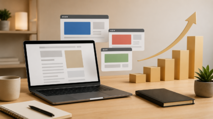 A clean publisher workspace with website ad placement cards and traffic monetization visuals