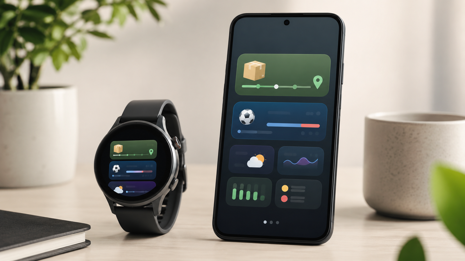 Smartwatch and smartphone showing simple live update and widget concepts.