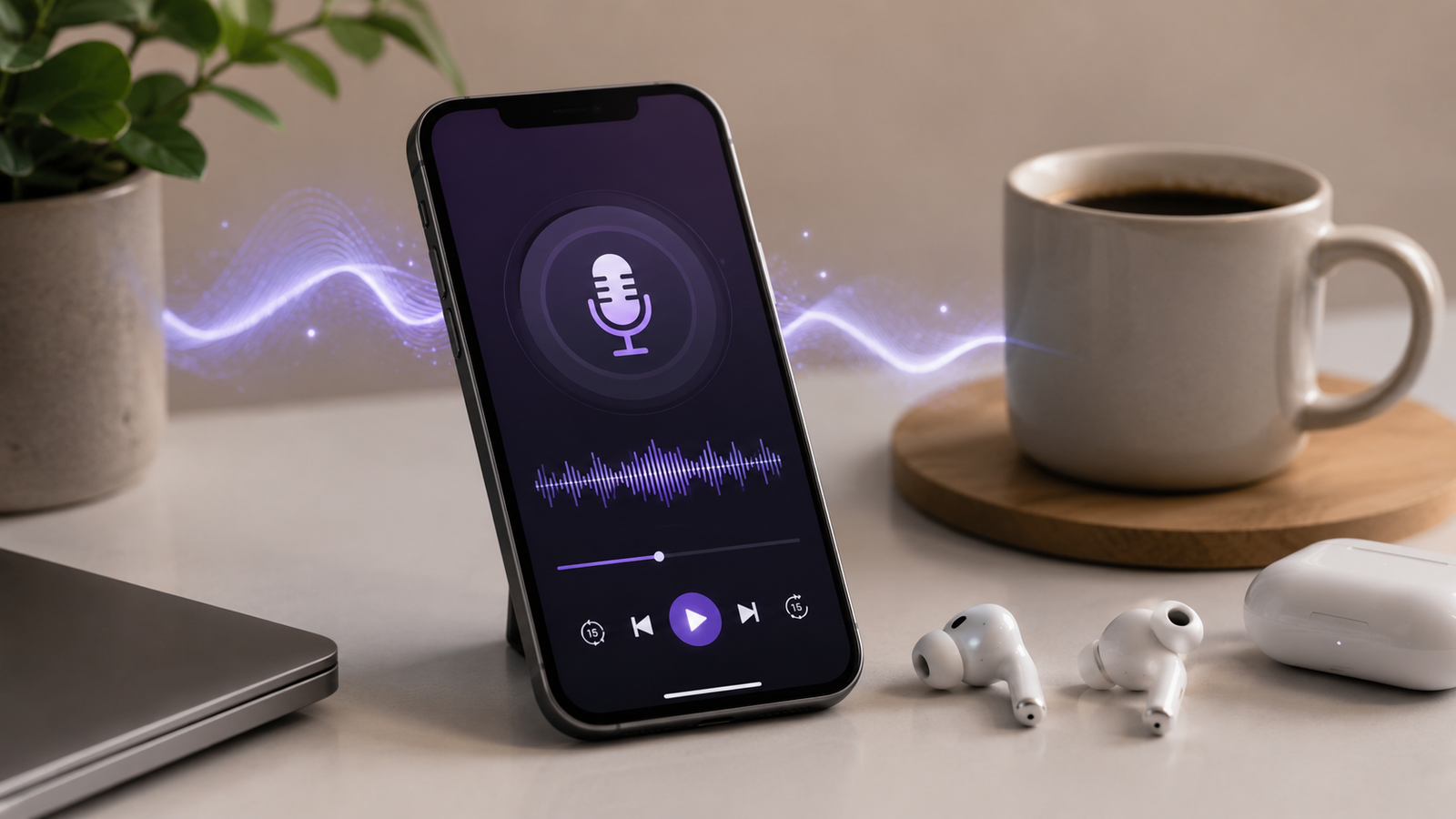 Smartphone with podcast interface and wireless earbuds on a clean desk.
