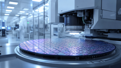 A clean semiconductor lab scene with a silicon wafer and advanced chip-making equipment