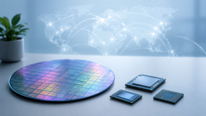 A clean global semiconductor supply chain concept with a silicon wafer and chip modules