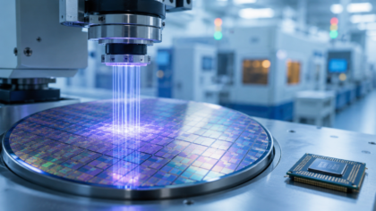 A clean semiconductor lab scene with a silicon wafer and chip-making equipment
